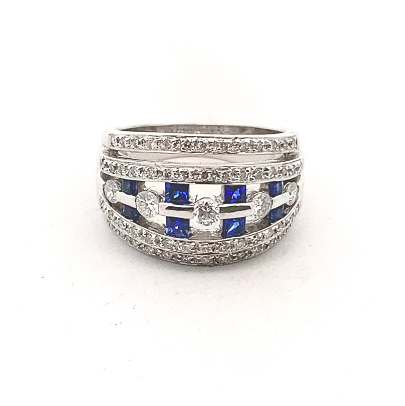 Wide Blue Sapphire and Diamond Open Rows Ring