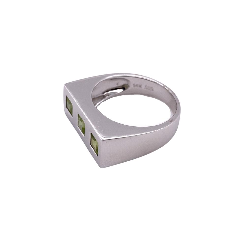 7mm Wide Flat Top Ring with 3 Princess Cut Peridots, 14kt white gold. - Image 2