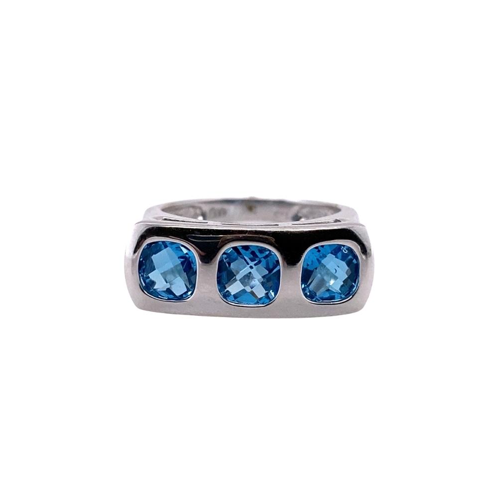 3 Cushion Cut Blue Topaz Stones, 14kt white gold.