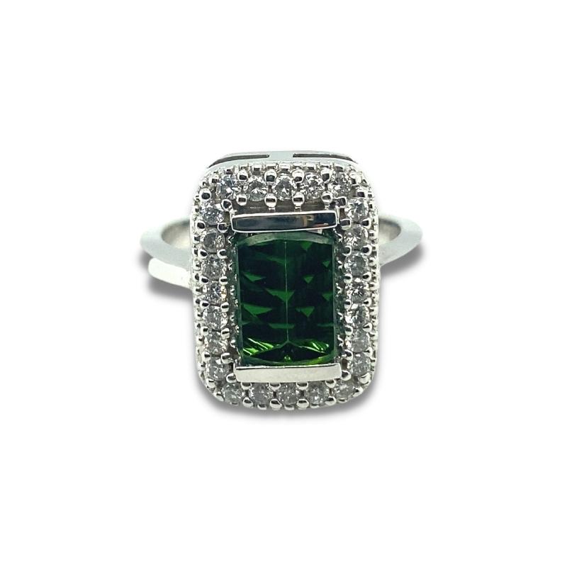 Fantasy Cut Rectangular Tourmaline with Diamond Halo, 14kt white gold