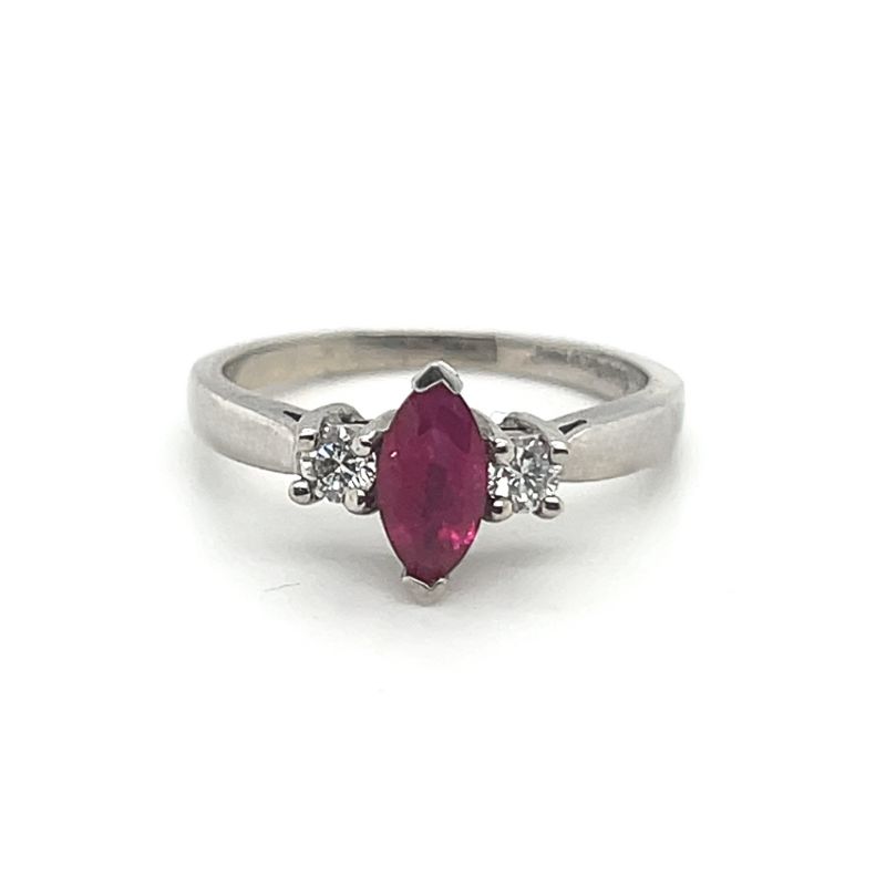 Three Stone Ruby and Diamond Ring, 14kt White Gold.