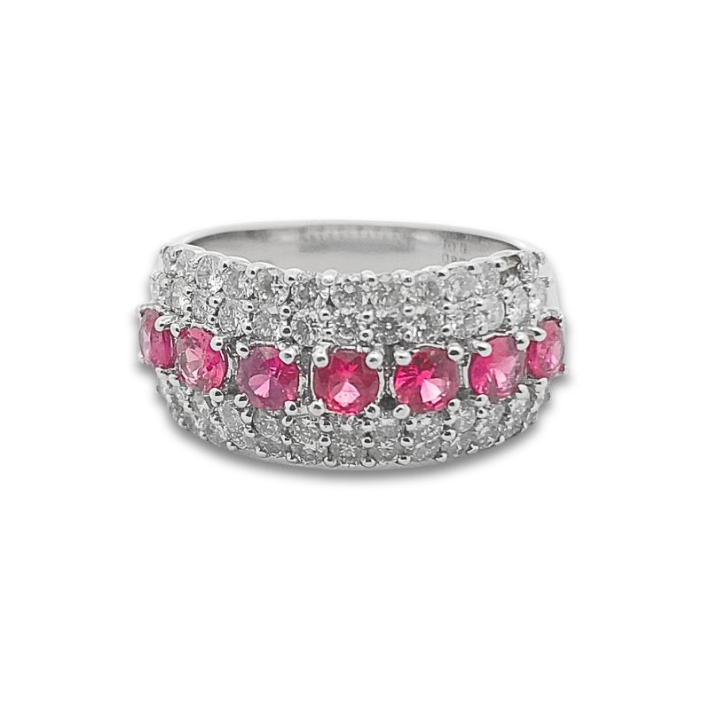 Wide Larger Ruby Row Center with 2 Diamond Row Sides, 18kt