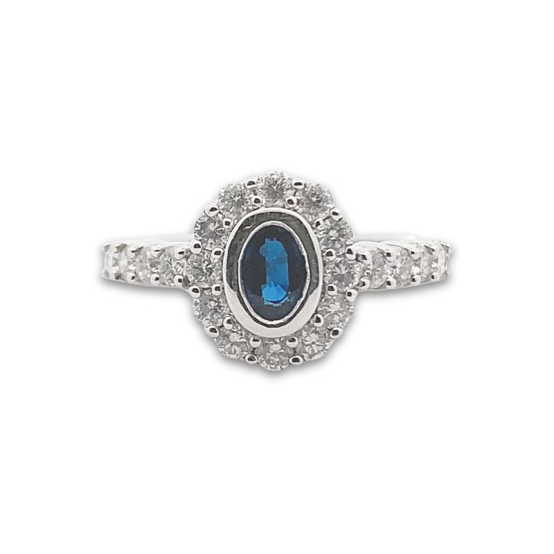 Bezel Set 0.75ct Sapphire and Diamond Halo Cocktail Ring, 18kt
