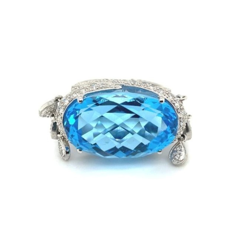 19ct Oval Blue Topaz 1.00ctw Diamond Ring, with Chandelier Drops, 18kt