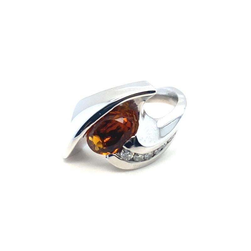 Oval Golden Topaz Free-Form ring with Diamond Accents, 14kt white gold