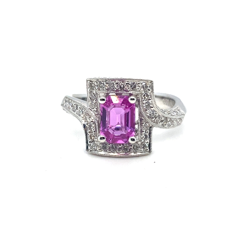 EC Pink Sapphire and Diamond Crossover Halo Ring