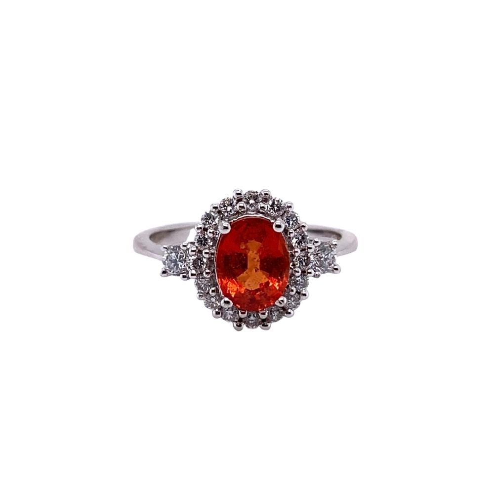 Orange Sapphire Ring with Diamond Halo, 14kt white gold