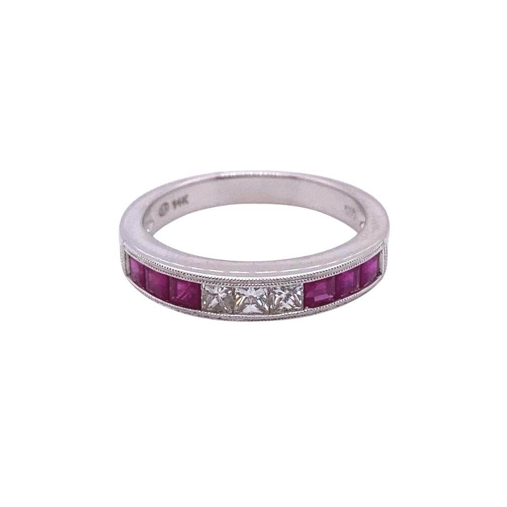 14KW channel set Princess Cut Ruby and Diamond Band
