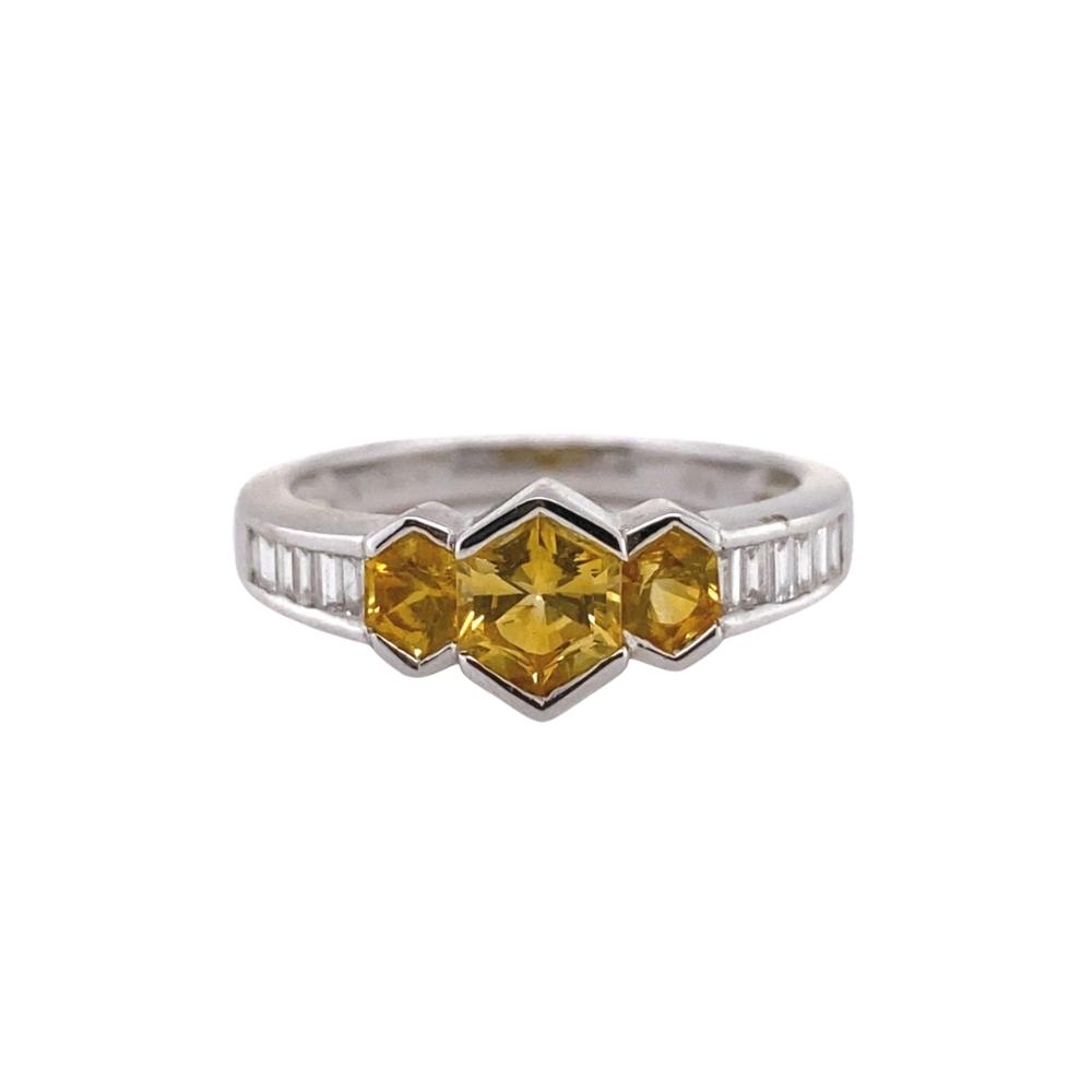 Three Stone Yellow Sapphire Ring with Straight Baguettes, 18kt white gold