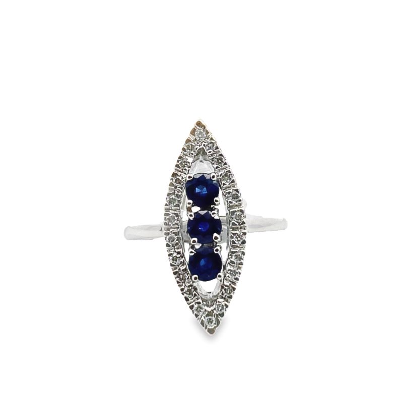 Elongated Marquise Shapped Sapphire and Diamond Ring, 14kt