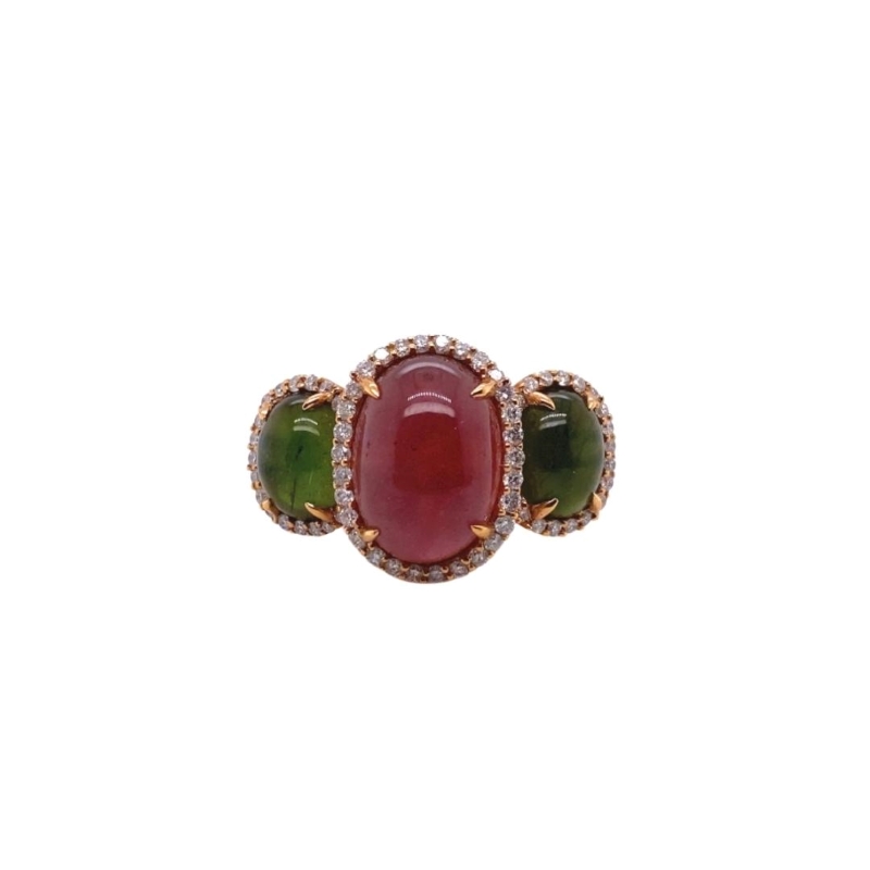 Pink & Green Tourmaline and Diamond Three-Stone Cocktail Ring