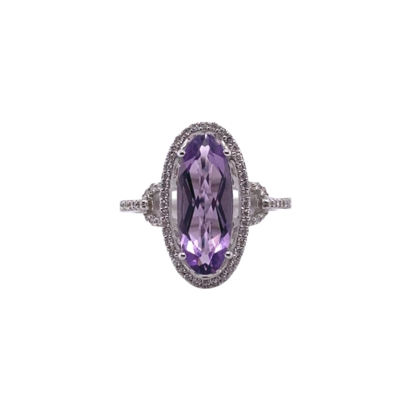 Elongated Oval Amethyst and Diamond Halo Cocktail Ring