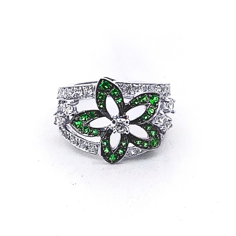 Wide Flower Design Ring with Green Diopside and Diamonds.