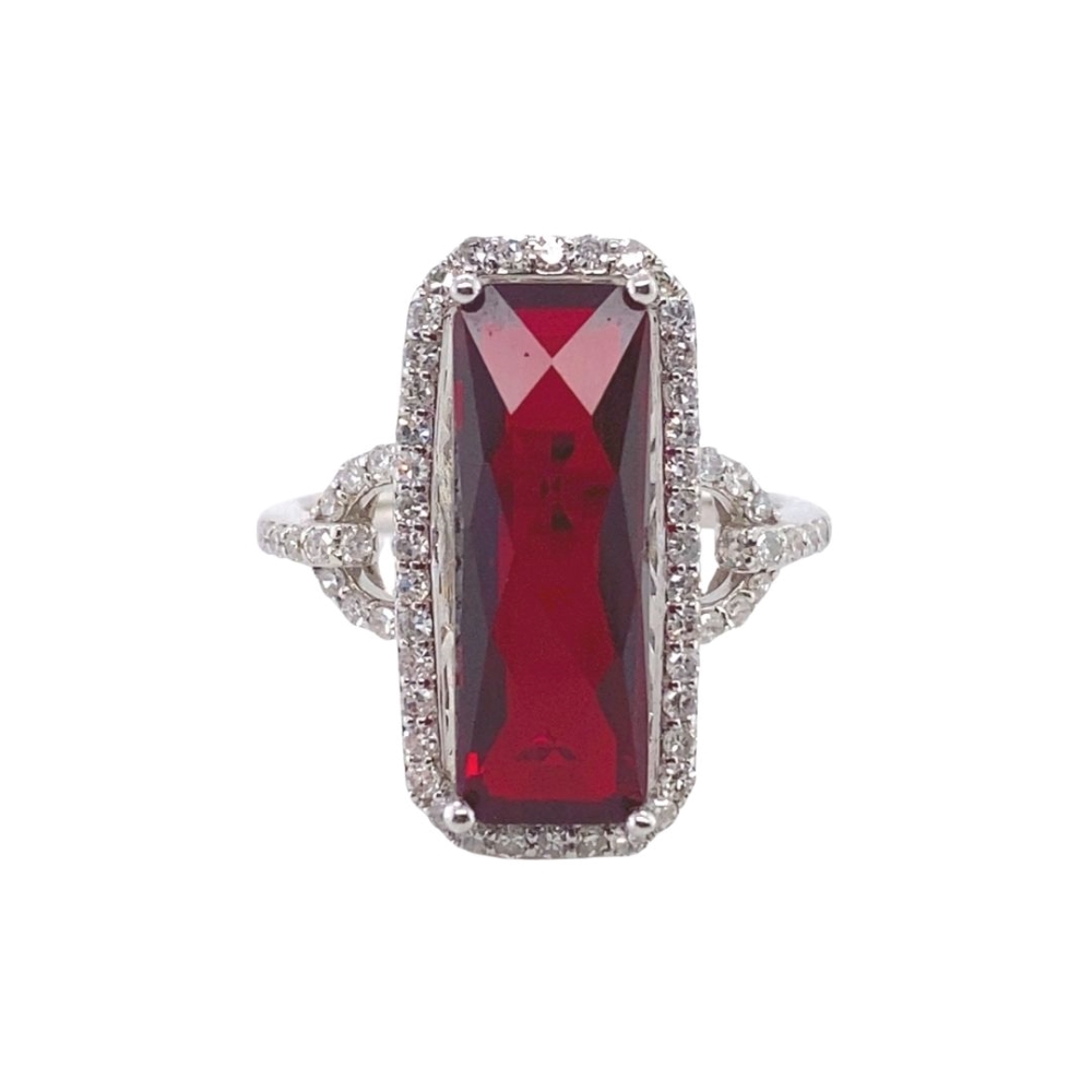 Garnet and Diamond Halo Elongated Ring
