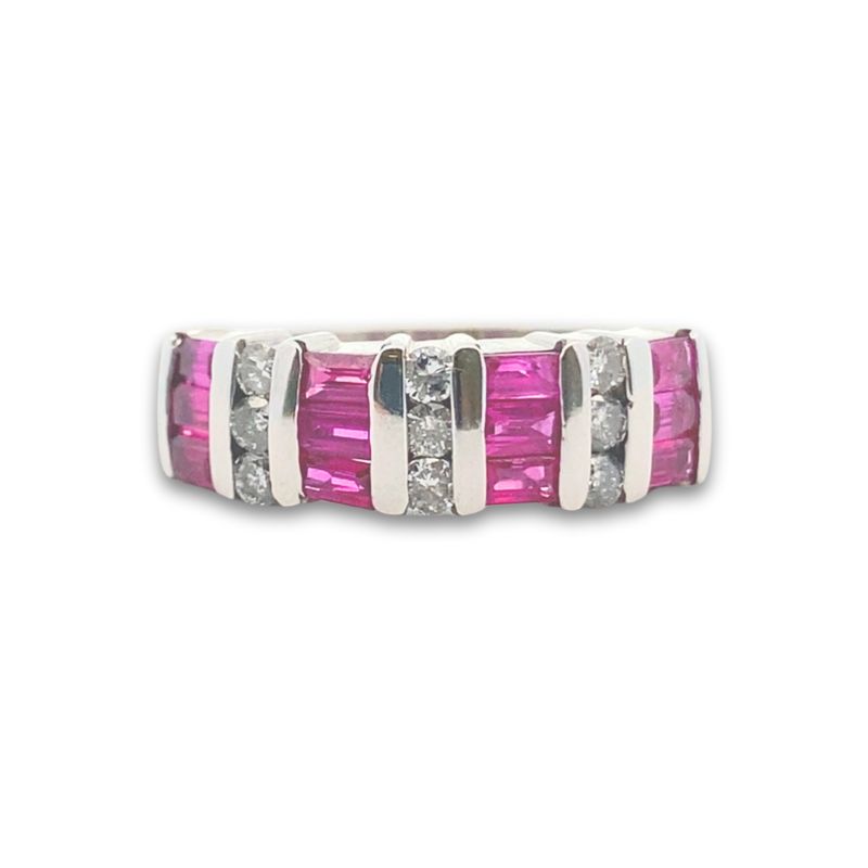 Channel Set Stacked Diamond and Baguette Ruby Band, 14kt
