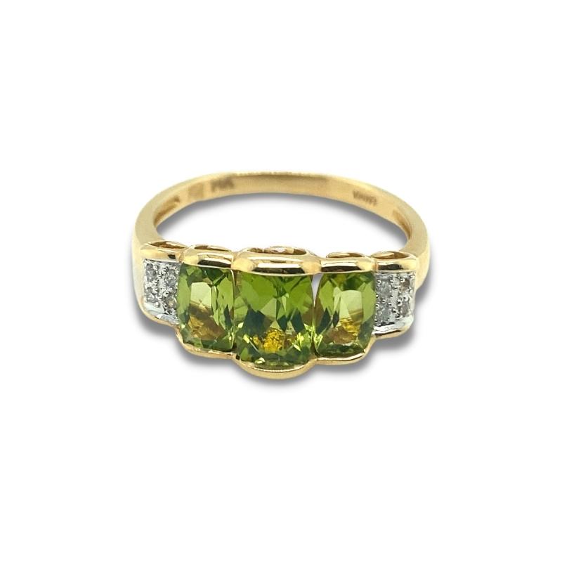 3 Stone Peridot band with Diamond accents, 14kt yellow gold