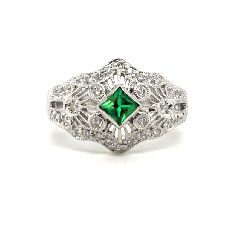 Vintage Inspired Diamond and Princess Emerald Ring
