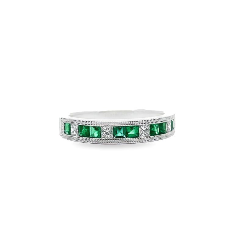 Princess Cut Emerald with Princess Cut Diamond Channel Set Band