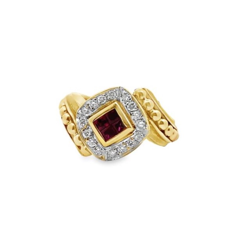 Ruby Invisible Center with Pave Set Diamond Frame, 18kt