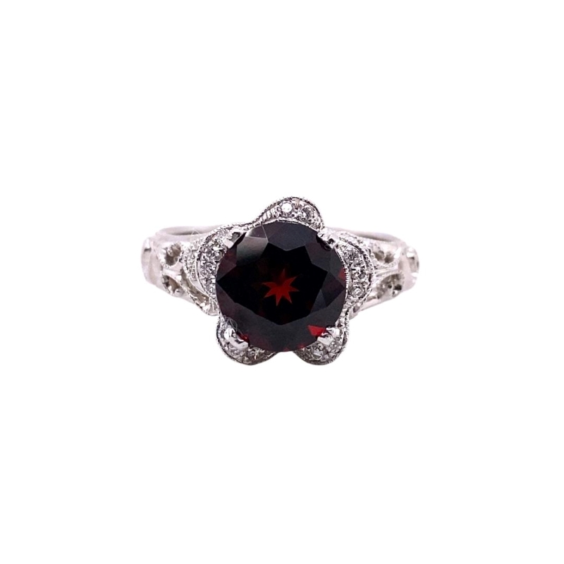 Floral Halo and Garnet Filigree Ladies Ring