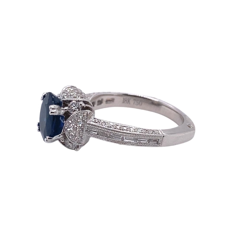 Double Prong Set Sapphire Ring With Domed Diamond Halo - Image 2