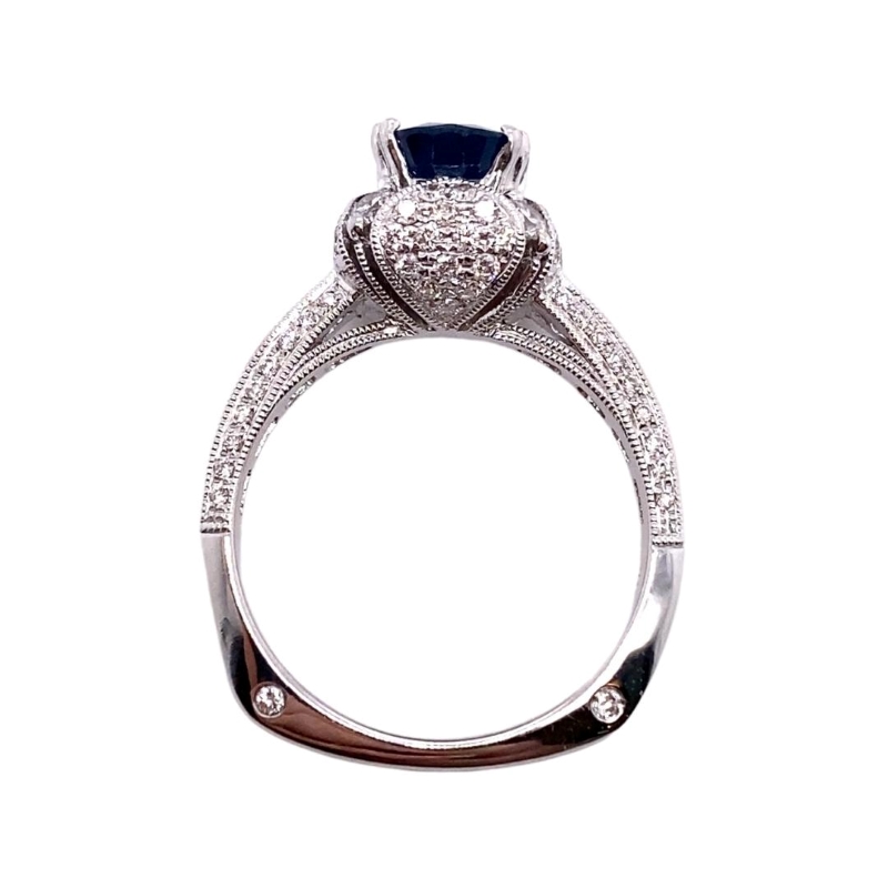 Double Prong Set Sapphire Ring With Domed Diamond Halo - Image 3