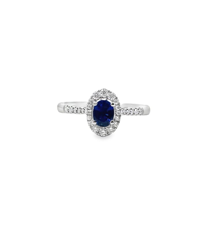 Oval Blue Sapphire 5x4mm with Halo Small Diamond Ring