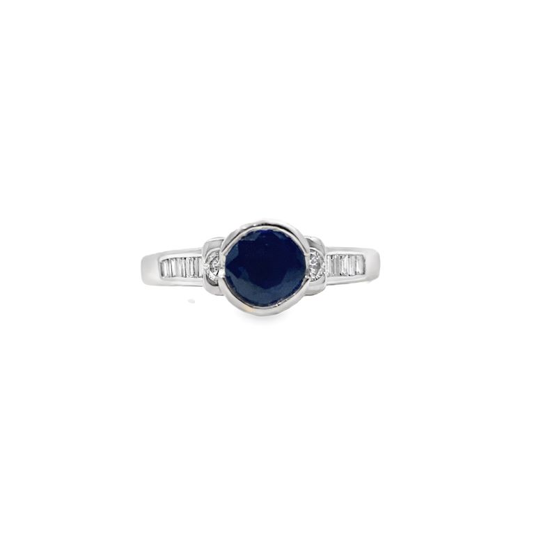 Hlaf Bezel Set 1ct Blue Sapphire with Baguettes and Round Diamond RIng