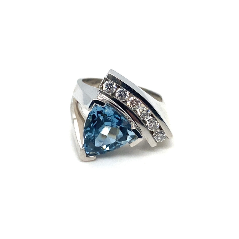 Swiss Blue Topaz Trillion Shape w/ Diamonds Ring