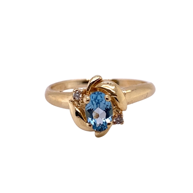 6x4mm Oval Blue Topaz and Diamond Accent Ring, 14kt Yellow