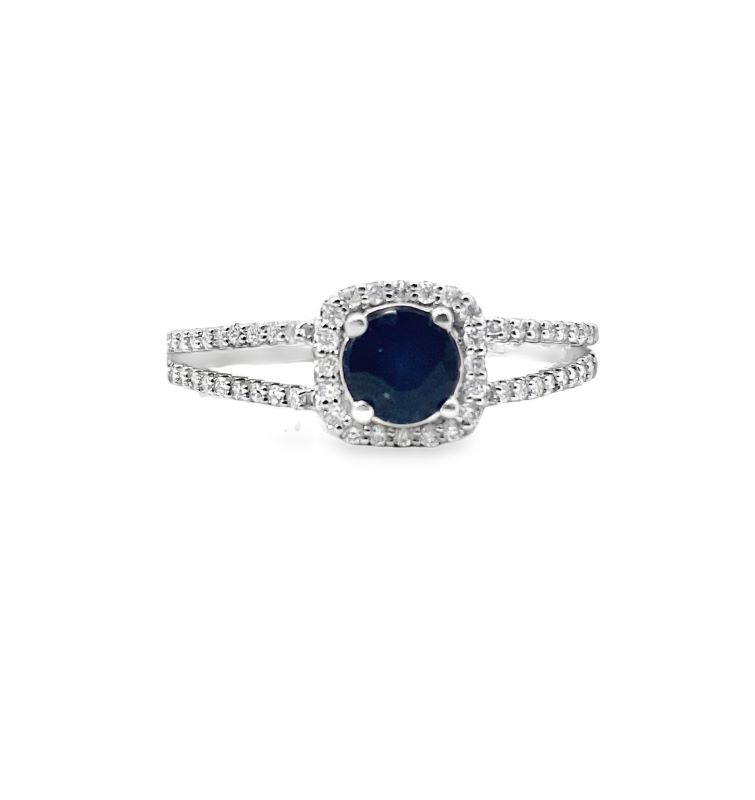 Blue Sapphire and Diamond Halo Split Shank Ring