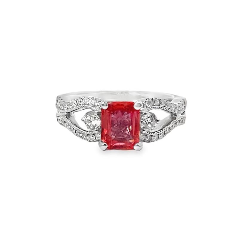 1.25ct Peach Sapphire and Split Shank Diamond Ring, 18kt White