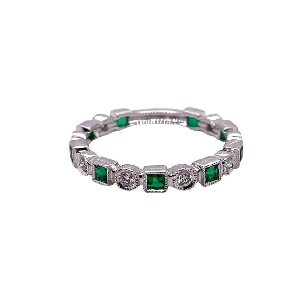 Emerald and Diamond Stackable Ring, 18kt White Gold