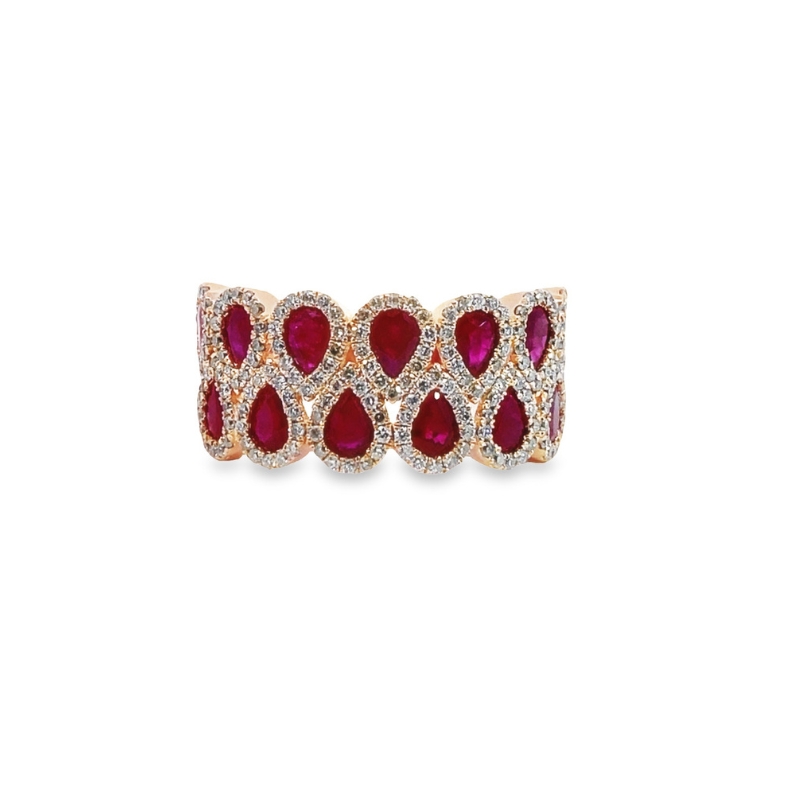 Alternating Pear Shape Ruby with Diamond Halo Ring