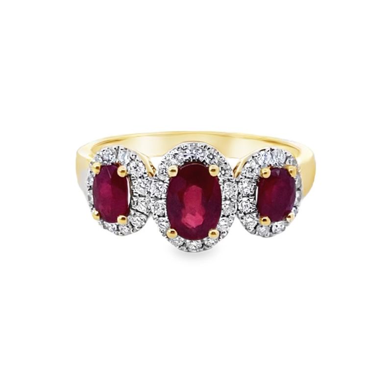 3-Stone Ruby Ring 1.32ctw with Diamond Halos 0.30ctw