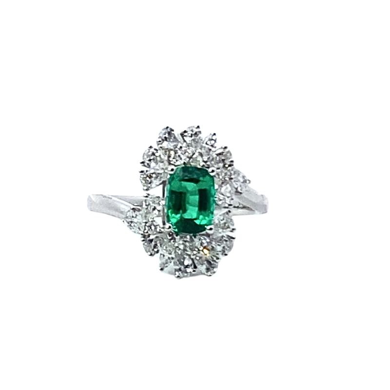 Cocktail Ring with Pear, Maquise and Round Diamonds with 1.00ct Cushion Emerald, Lab Grown