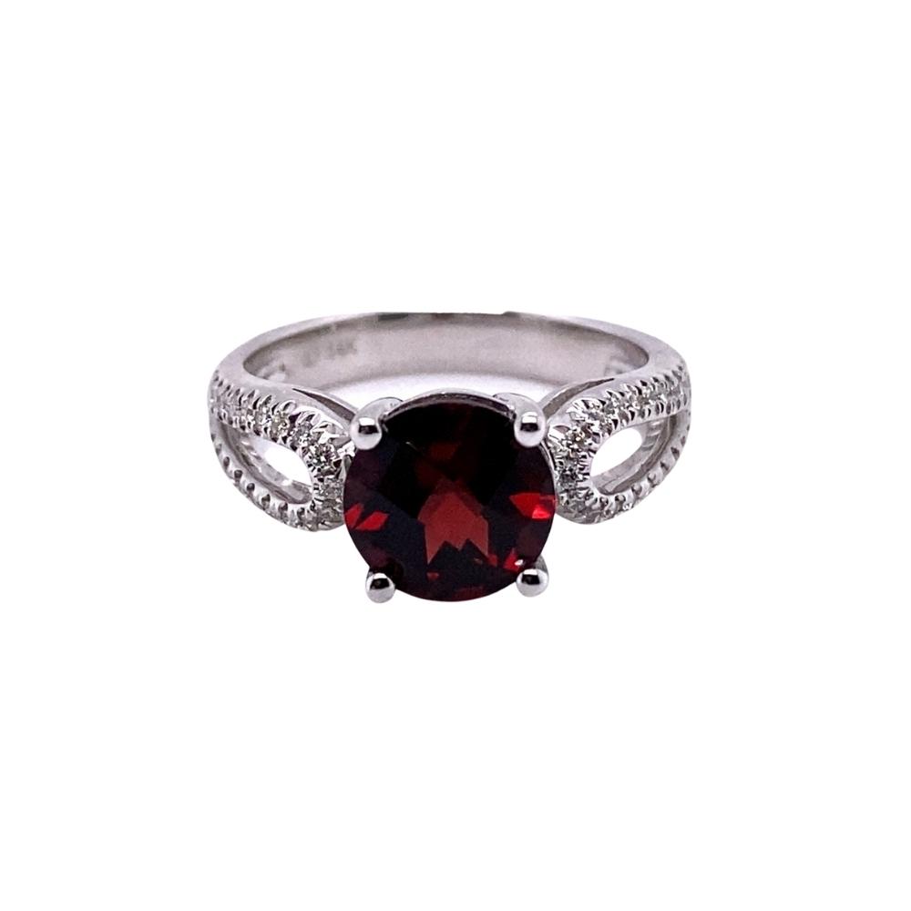2.25ct Checkerboard Cut Round Garnet with Diamonds, 14kt white gold.
