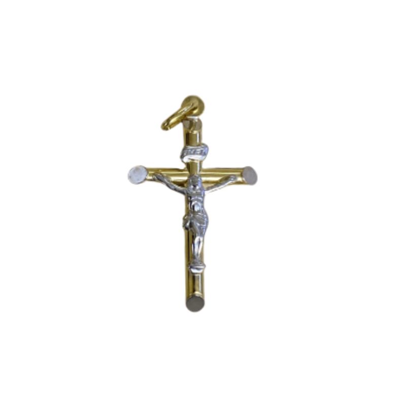 Medium Tube Two Toned Crucifix Pendant, 14kt Yellow Gold