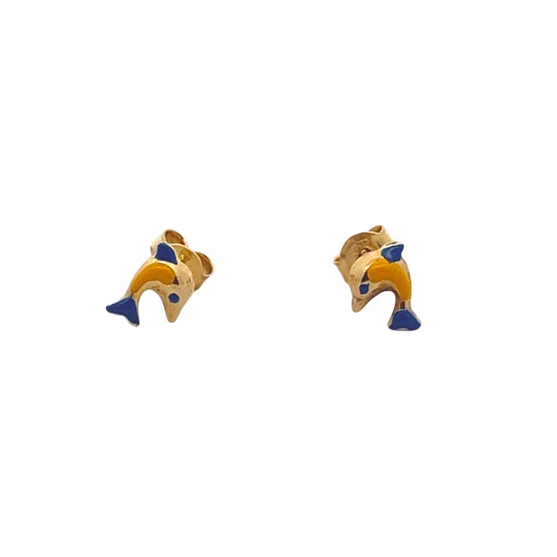 Blue Yellow Enamel Dolphin Earrings, 14tkt