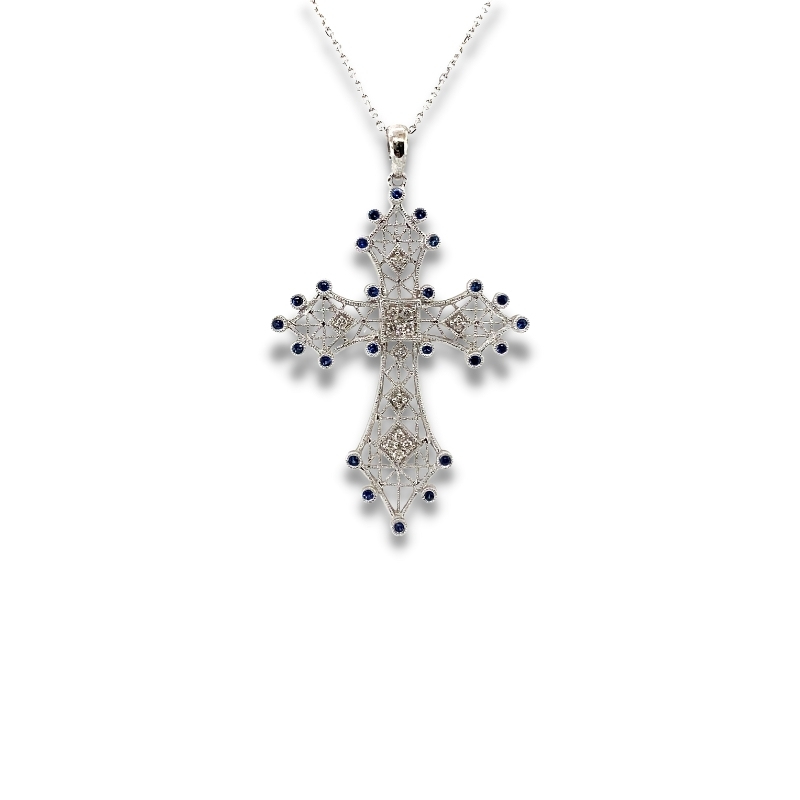 Geometric Antique Style Milgrain Diamond Cross with Sapphires