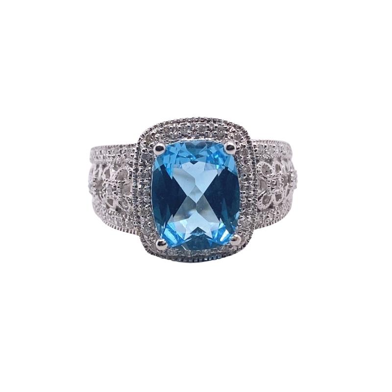 Antique-Inspired Swiss Blue Topaz and Diamond Cocktail Ring