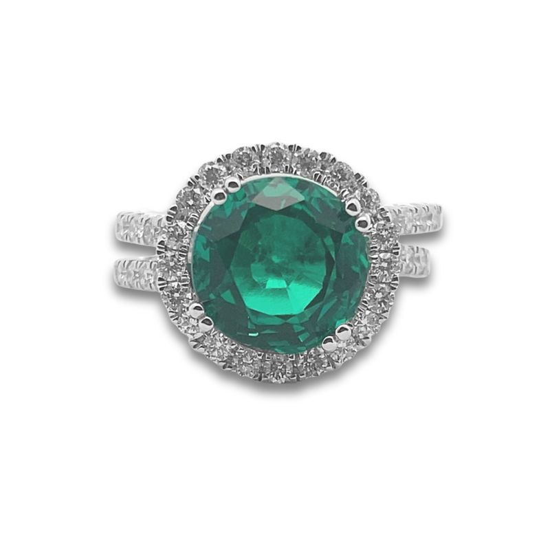 4.07ct Round Lab Grown Green Emerald Diamond Halo/Wrap Ring, 18kt White Gold