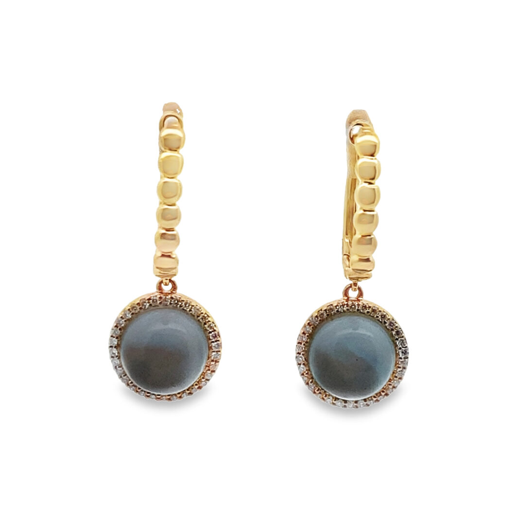 18KT Yellow Gold Drop Earrings. 5.75ct Sky Blue Topaz Mother of Pearl with Diamonds