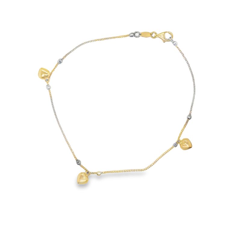 Two Tone Puff Heart Dangle Anklet, 14kt