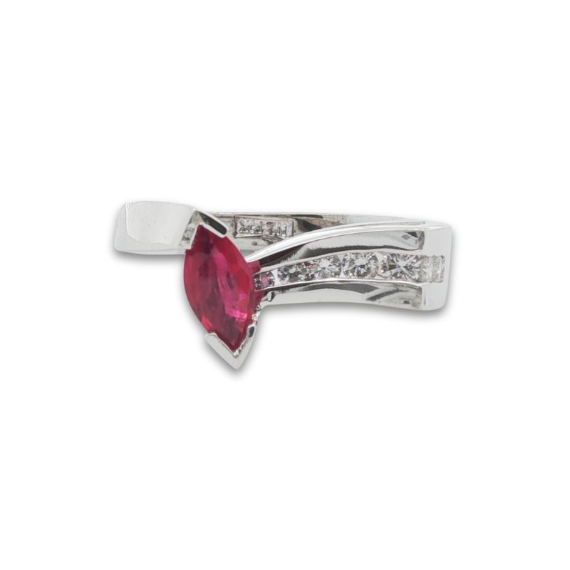 Offset Marquise Ruby Ring with Diamonds, 14kt White Gold
