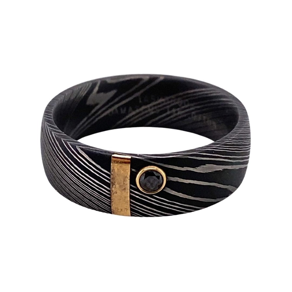 Lashbrook Design Damascus Steel & Black Diamond Gents Wedding Band