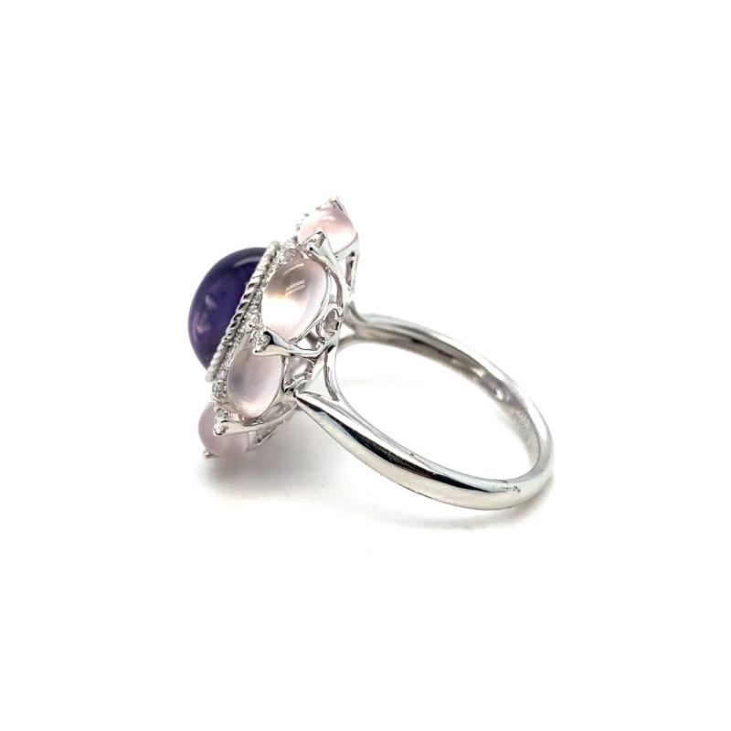 Rose Quartz, Diamond and Amethyst Oval Flower Ring - Image 2