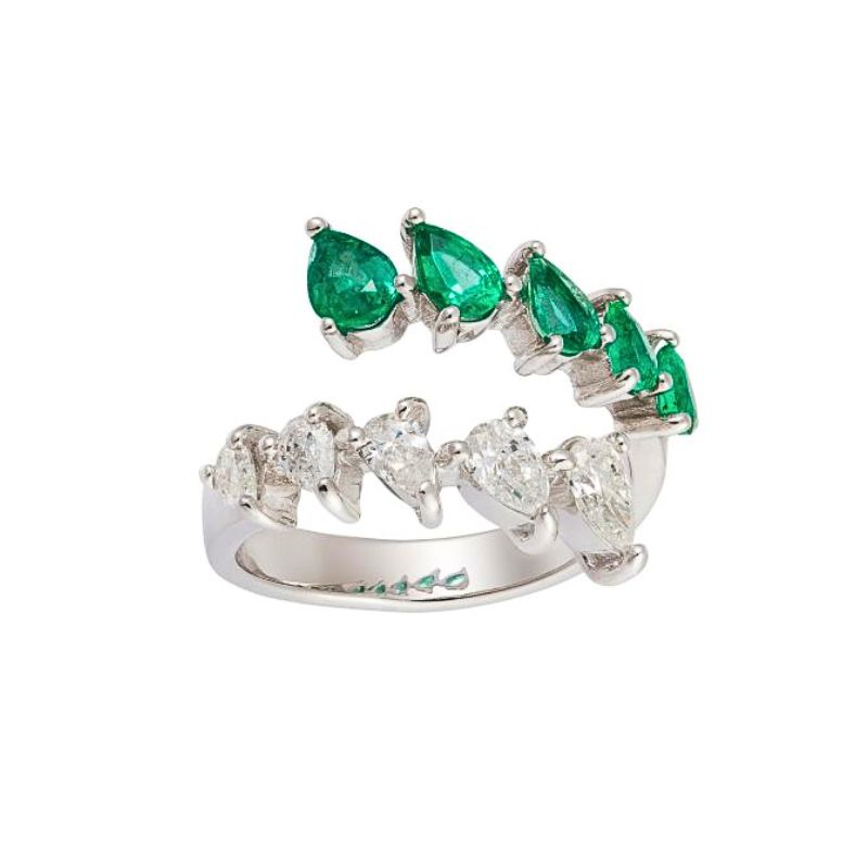 0.75ctw Diamond and 0.90ctw Emerals Pear Shape Bypass Ring, 18kt White