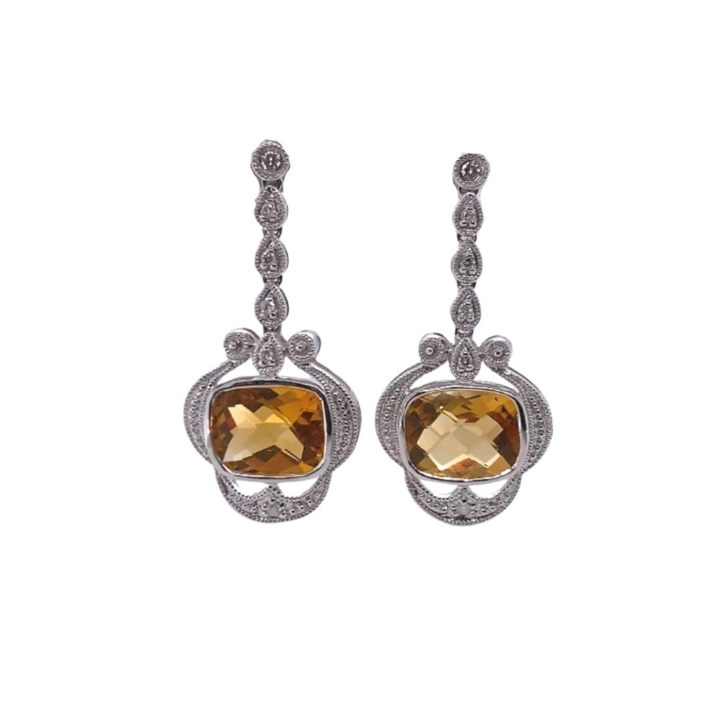 Cushion Cut Citrine and Diamond Drop Earrings