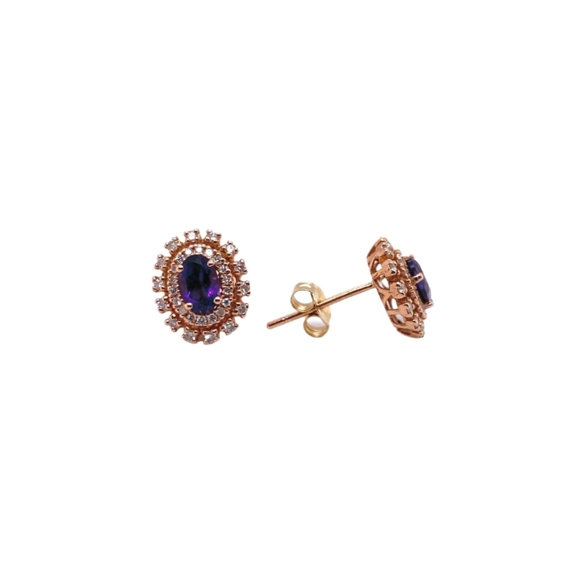 Rose Gold Oval Amethyst and Diamond Halo Studs